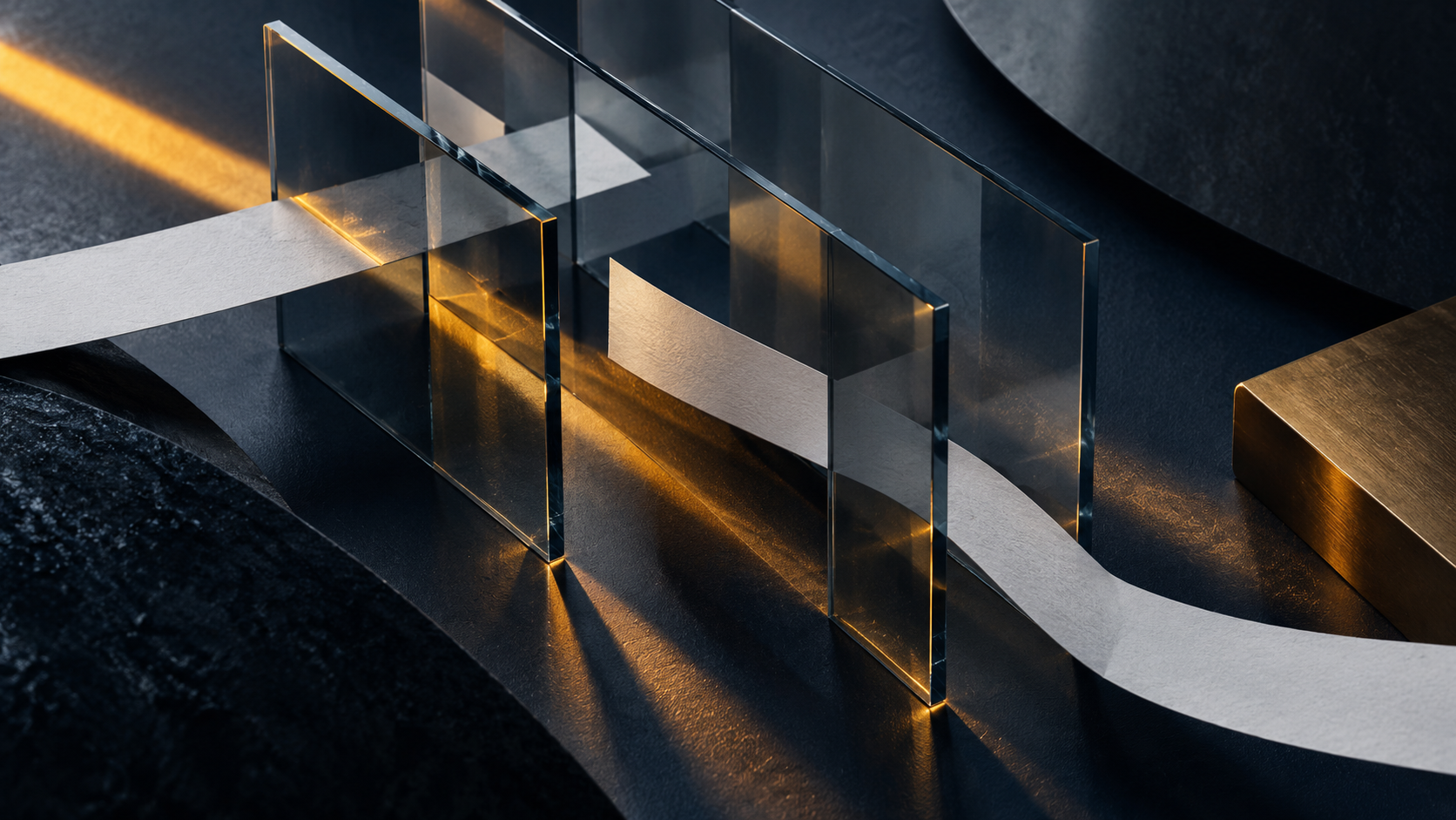 A pale strip of paper passes through glass panels on a dark surface.